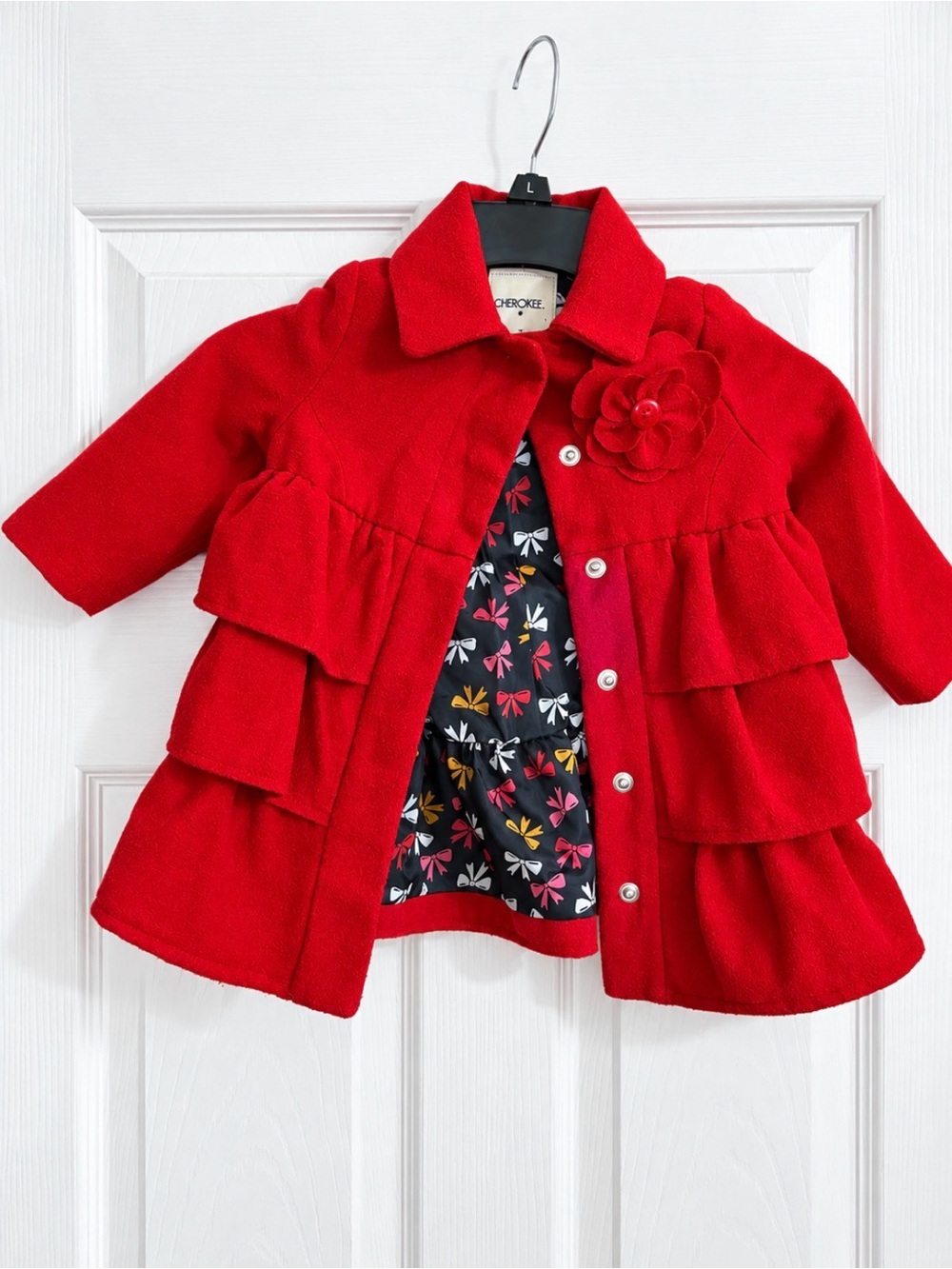Cherokee Red Girls' Tiered Ruffle Coat with Floral Pin